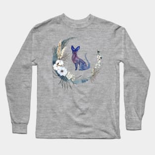Celestial Wolf & Moon Shirt, Sun Moon Stars Tee, Mystical CatTee, Moon and Stars, Flower Tshirt, Sphynx Cat Long Sleeve T-Shirt